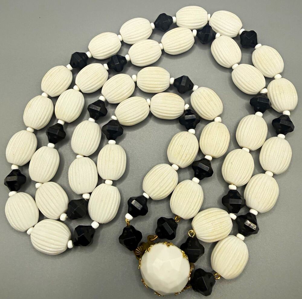 Vintage West Germany Double Strand Necklace White Ribbed Lucite Black Bead Mod